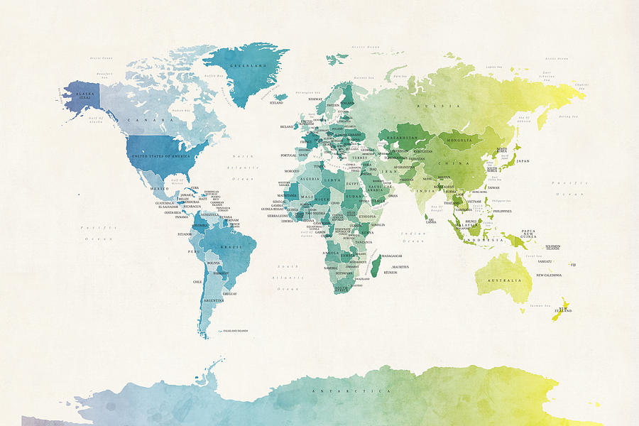 Watercolour Political Map of the World #1 Digital Art by Michael Tompsett