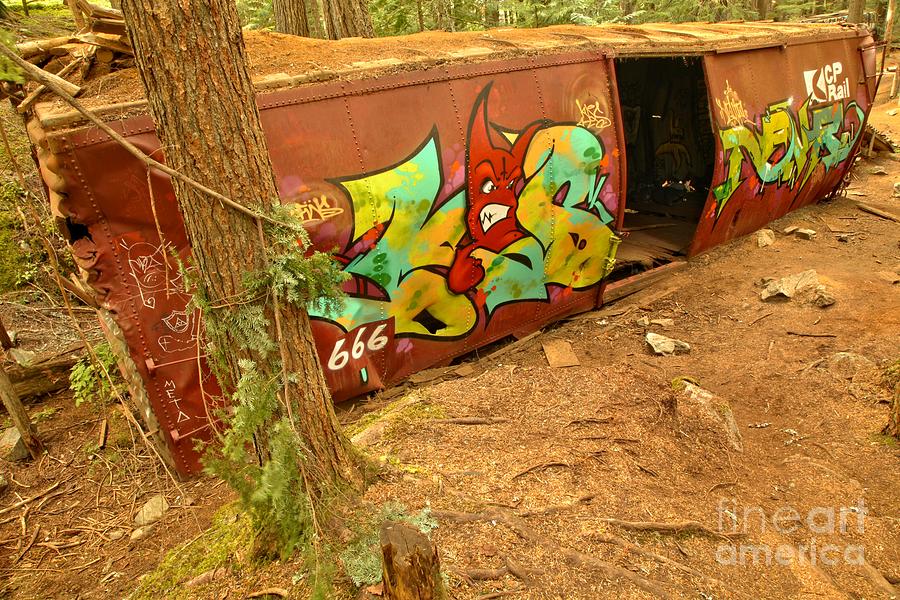 Train Wreck Photograph - Whistler Train Wreck Box Car Graffiti #1 by Adam Jewell