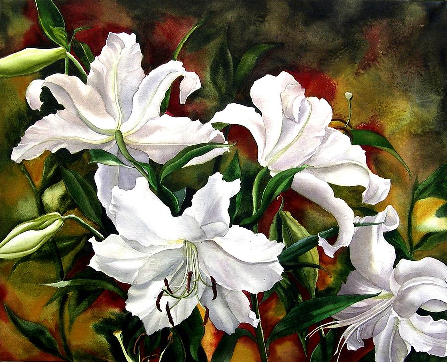 White Lilies Painting by Alfred Ng