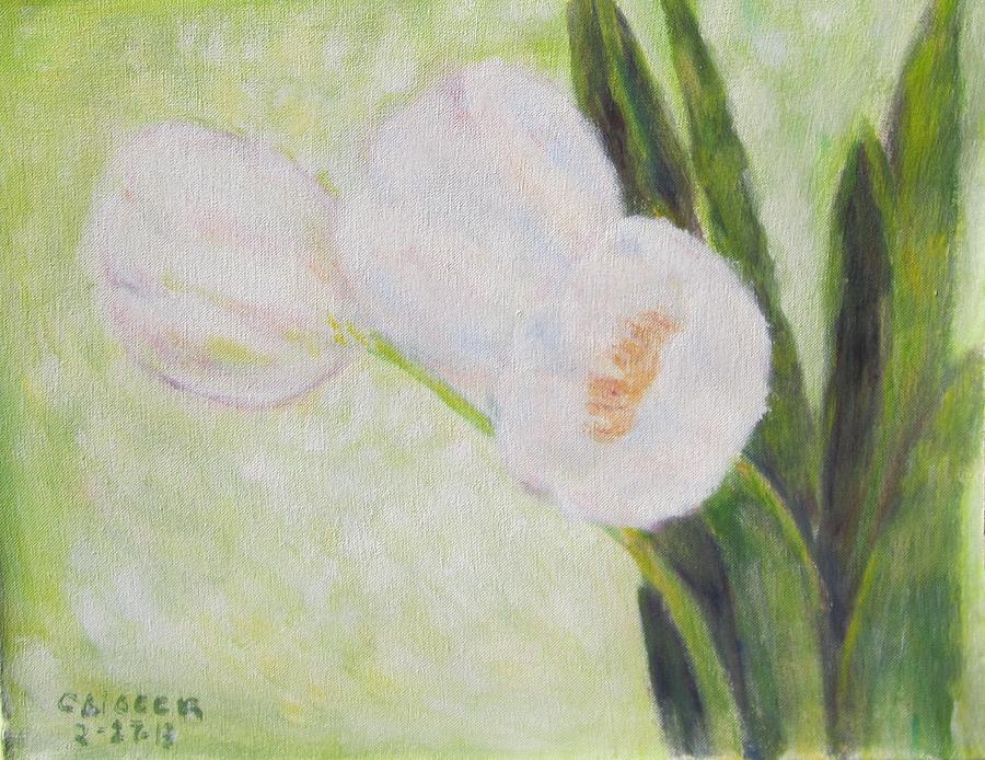 White tulips on Stems with Foliage Painting by Glenda Crigger