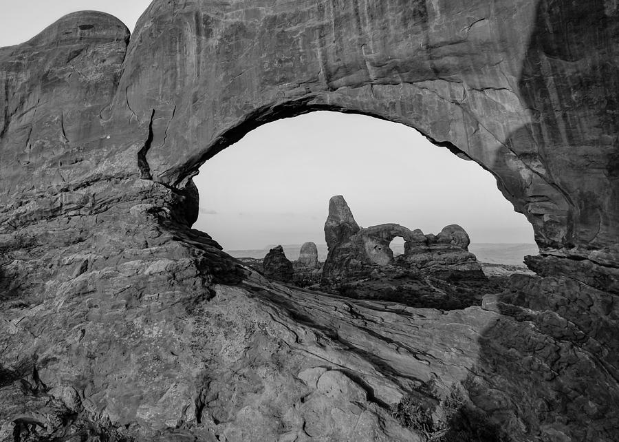 Arches National Park Photograph - Wide Angle of Turret Arch through the North Window in Black and White  by Gregory Ballos