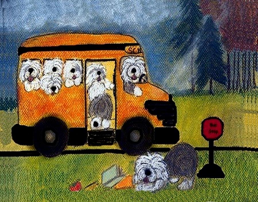 Old English Sheepdog Mixed Media - Wigglebottom Bus #1 by Cathy Howard