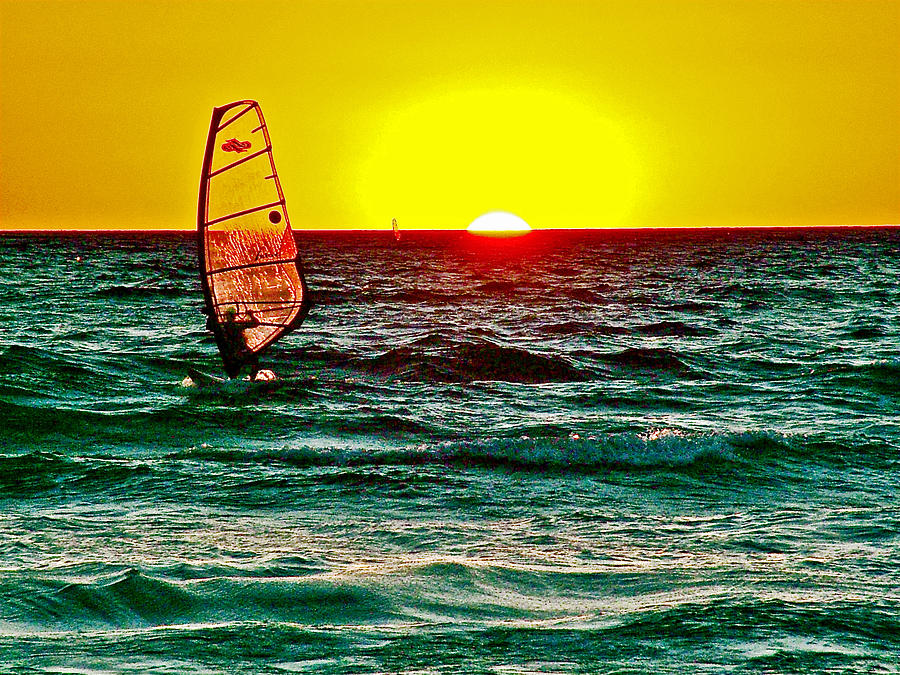 Windsurfer at Sunset on Lake Michigan from Empire-Michigan  #2 Photograph by Ruth Hager