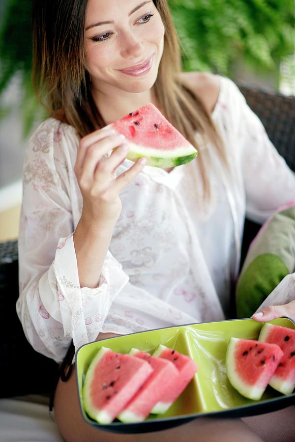 Summer Photograph - Woman Eating Watermelon #1 by Ian Hooton/science Photo Library