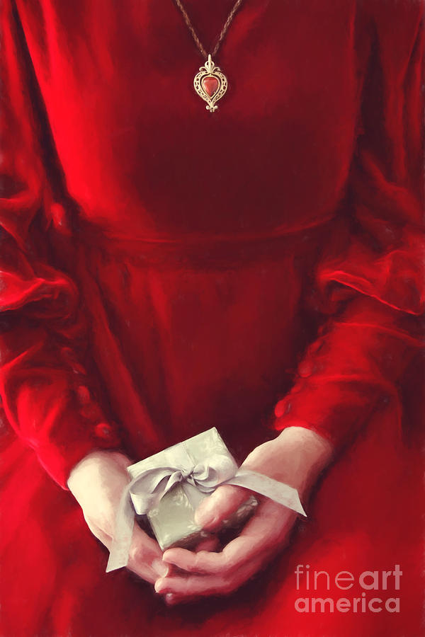 Woman in red dress holding gift/ digital painting Photograph by Sandra Cunningham