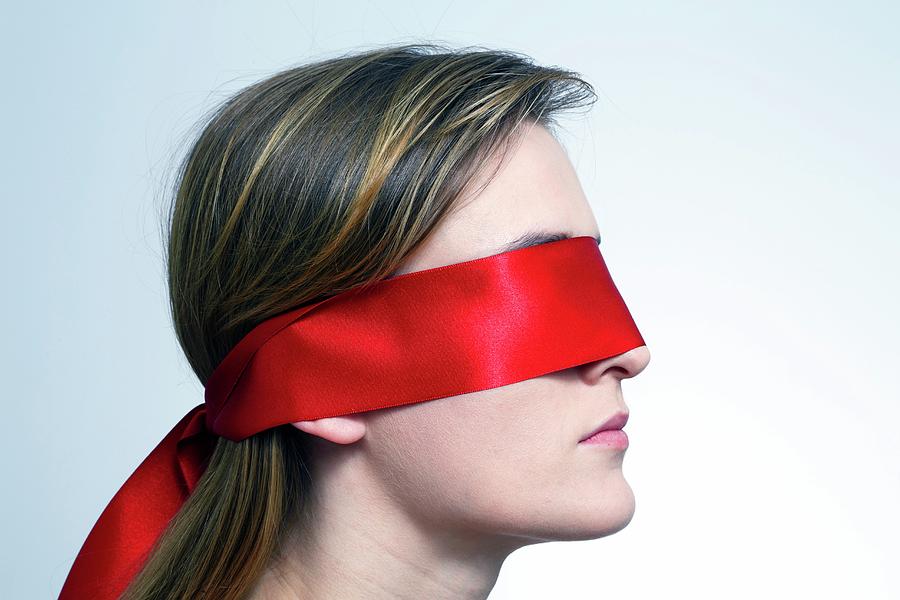 Woman Wearing Red Blindfold #1 Photograph by Victor De Schwanberg