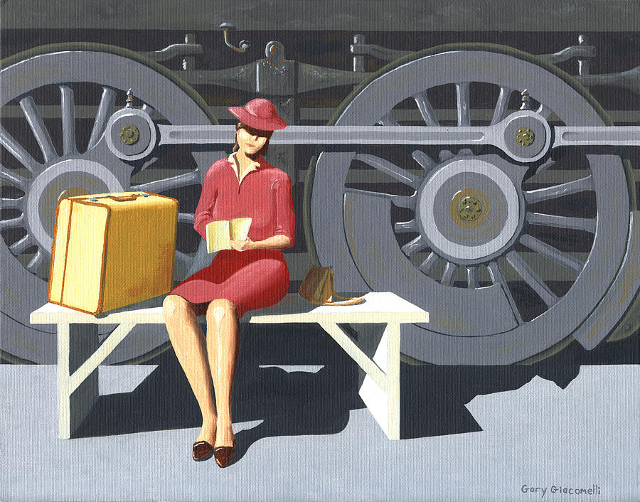 Woman with locomotive Painting by Gary Giacomelli