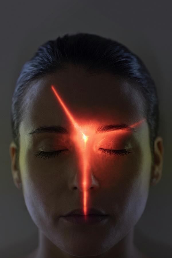 Woman With Red Light On Face Photograph by Ian Hooton/science Photo ...