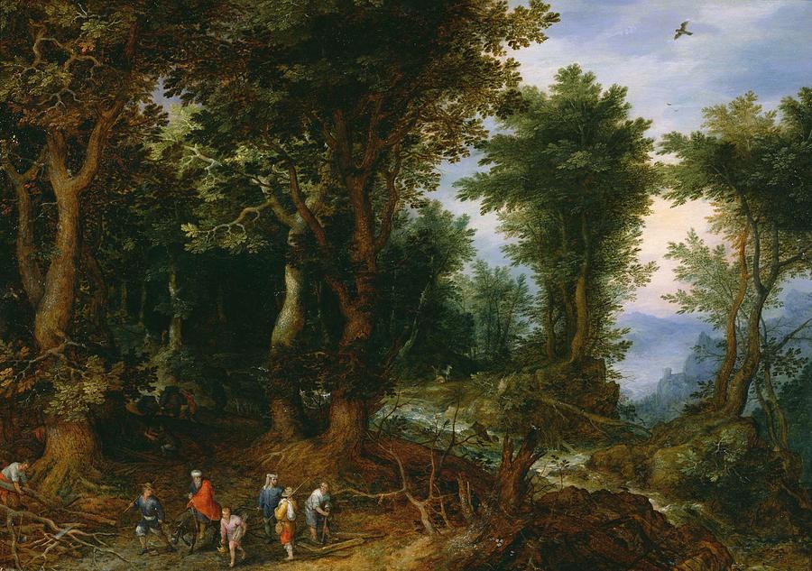 Landscape Painting - Wooded Landscape with Abraham and Isaac #1 by Jan Brueghel the Elder