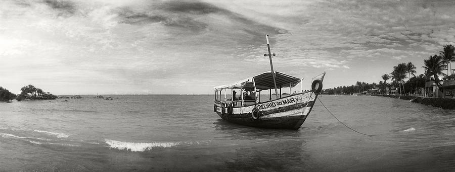 Black And White Photograph - Wooden Boat In The Ocean, Morro De Sao #1 by Panoramic Images