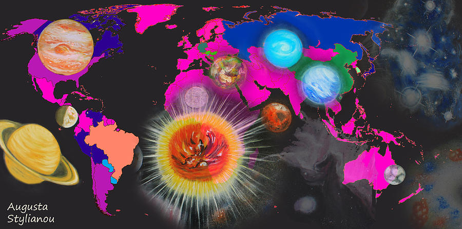 World Map and Planets #2 Digital Art by Augusta Stylianou
