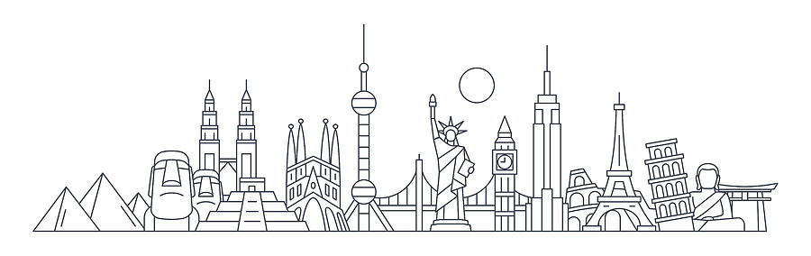 World Skyline - Famous Buildings and Monuments.. Travel Landmark Background. Vector Illustration #1 Drawing by Pop_jop