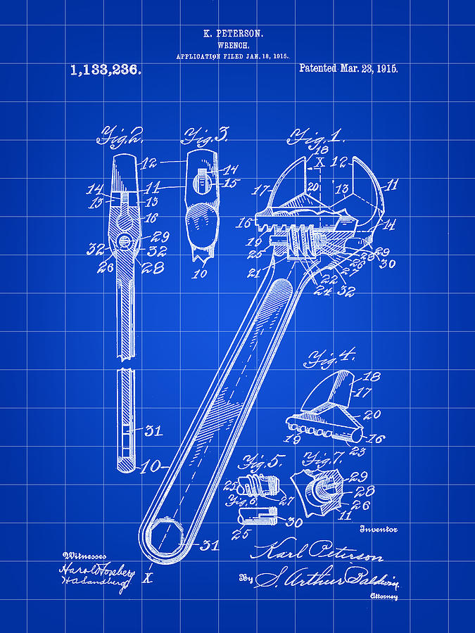 Wrench Patent 1915 - Blue Digital Art by Stephen Younts