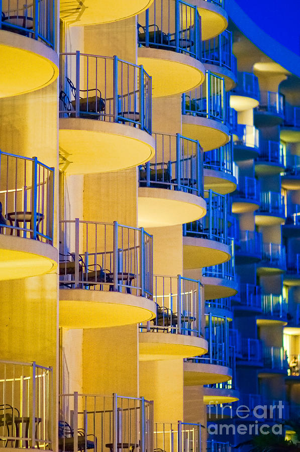 Yellow and blue hotel balcony abstract. #1 Photograph by Don Landwehrle