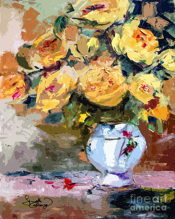 Yellow Roses Still Life #1 Painting by Ginette Callaway