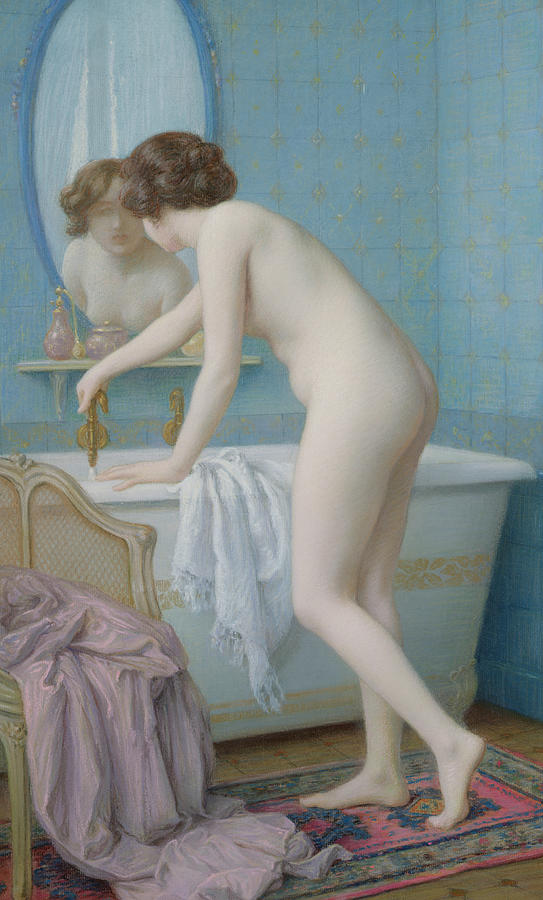 Nude Painting - Young Woman Preparing her Bath by Jules Scalbert