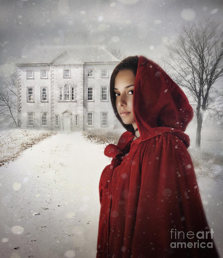 Young woman wearing hooded cape in snowy winter scene #1 Photograph by Sandra Cunningham