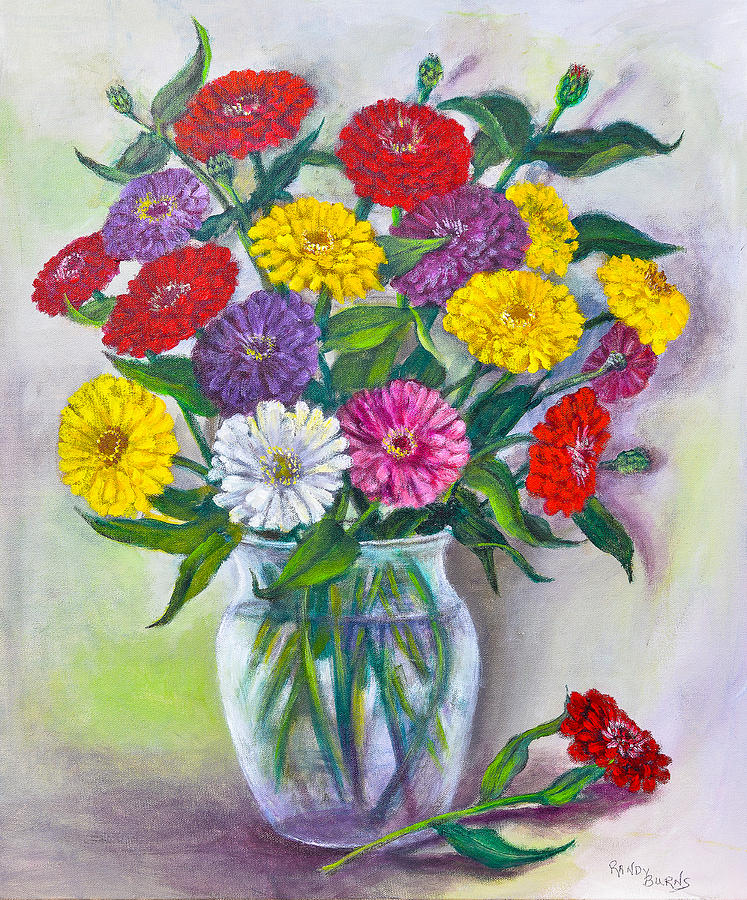Old Fashioned Zinnias Painting by Rand Burns