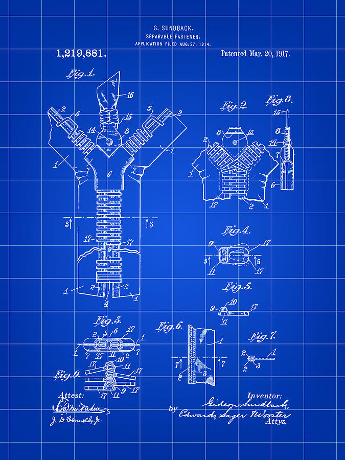 Clothing Digital Art - Zipper Patent 1914 - Blue by Stephen Younts