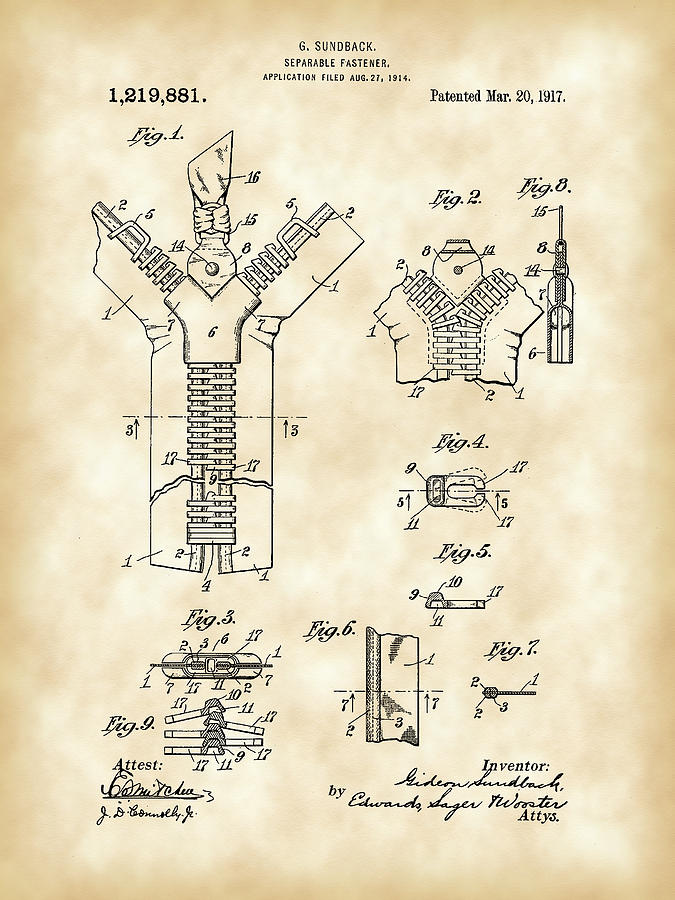 Zipper Patent 1914 - Vintage Digital Art by Stephen Younts