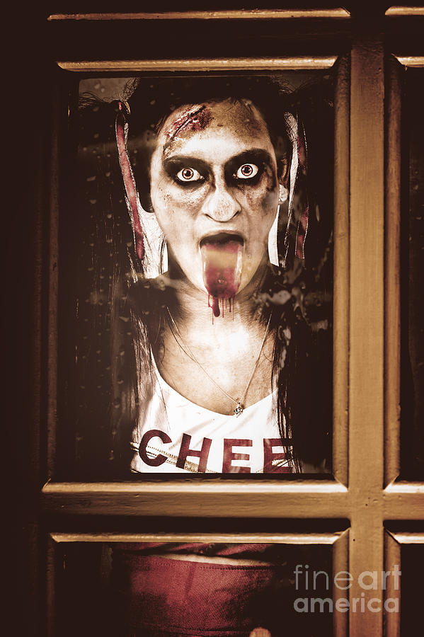 Zombie school girl pulling a funny face on glass #1 Photograph by Jorgo Photography