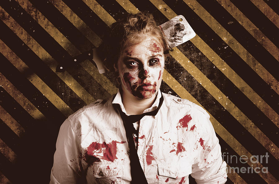 Zombie standing on outbreak warning background #1 Photograph by Jorgo Photography