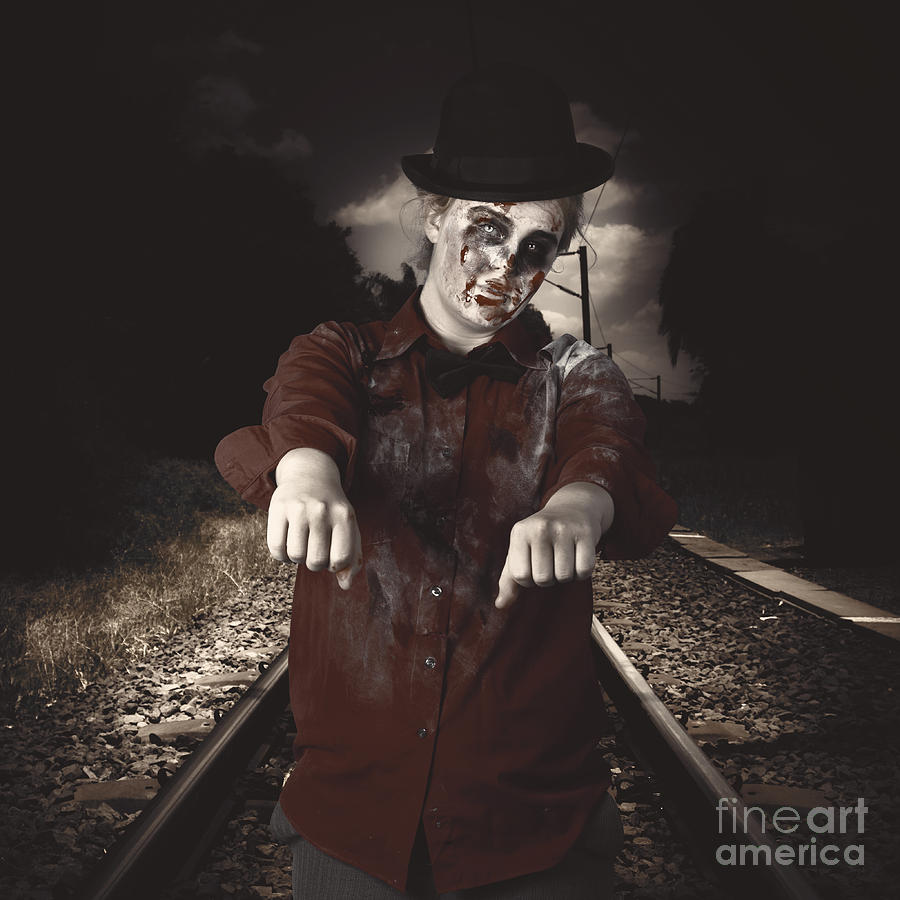 Zombie walking undead down train tracks #1 Photograph by Jorgo Photography