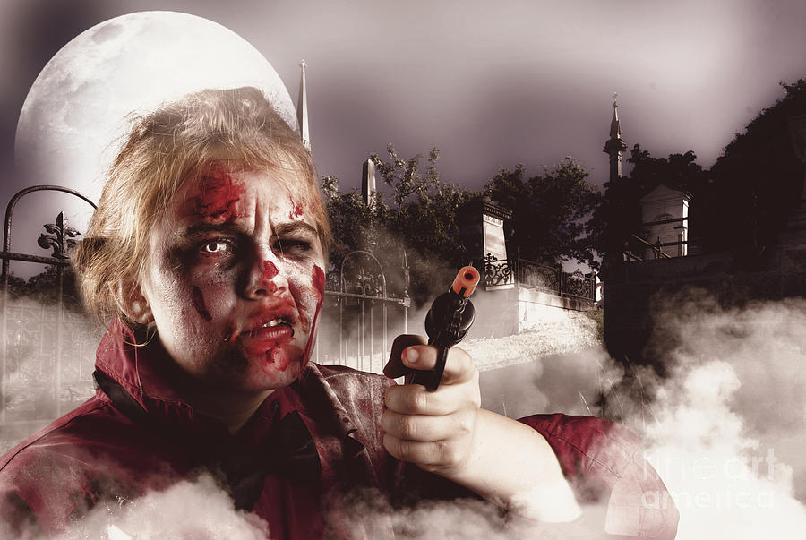 Zombie with gun in graveyard. Full moon nightmare #1 Photograph by Jorgo Photography