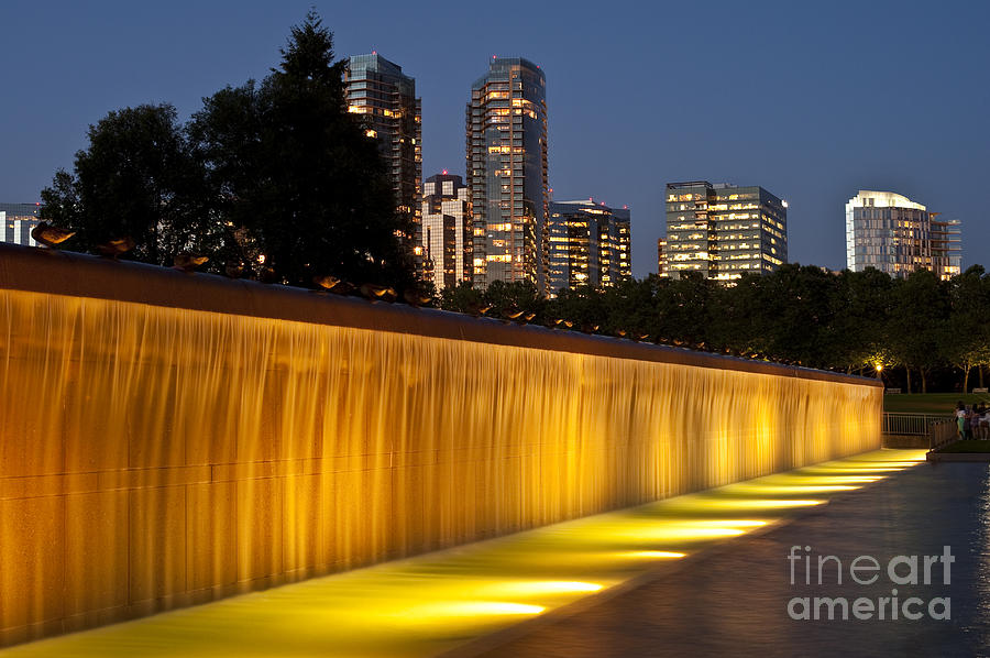 Bellevue skyline from city park with fountain and waterfall at s #10 Photograph by Jim Corwin