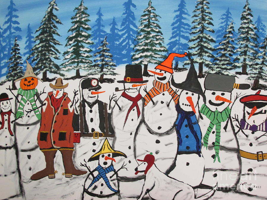 10 Christmas Snowmen  Painting by Jeffrey Koss