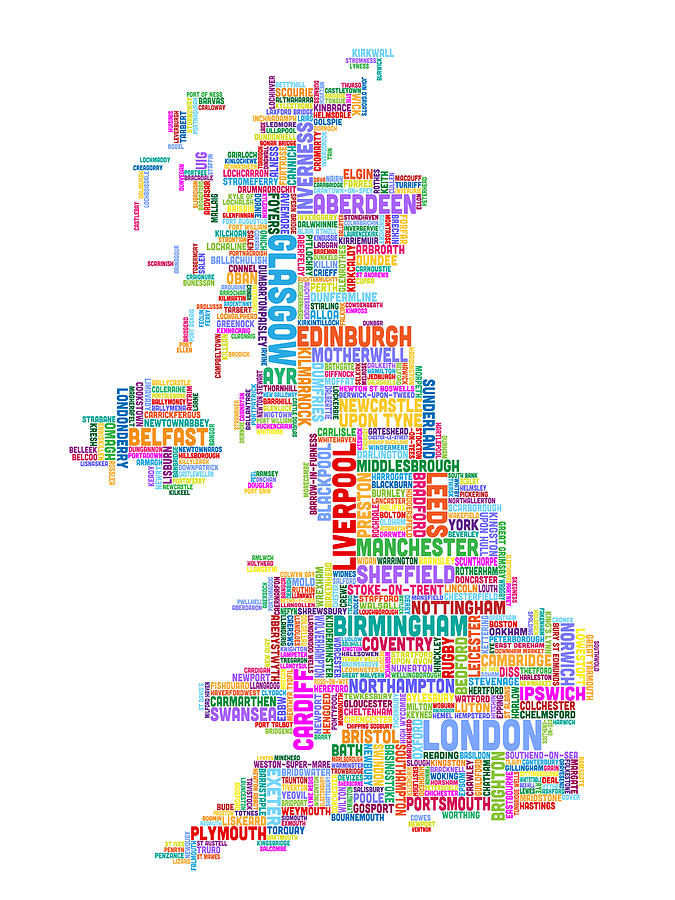 Great Britain UK City Text Map #10 Digital Art by Michael Tompsett