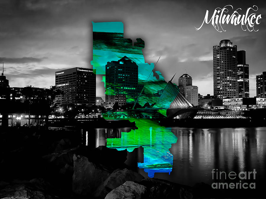 Milwaukee Skyline Mixed Media - Milwaukee Map and Skyline Watercolor #10 by Marvin Blaine