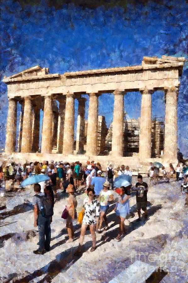 Tourists in Acropolis of Athens in Greece #7 Painting by George Atsametakis
