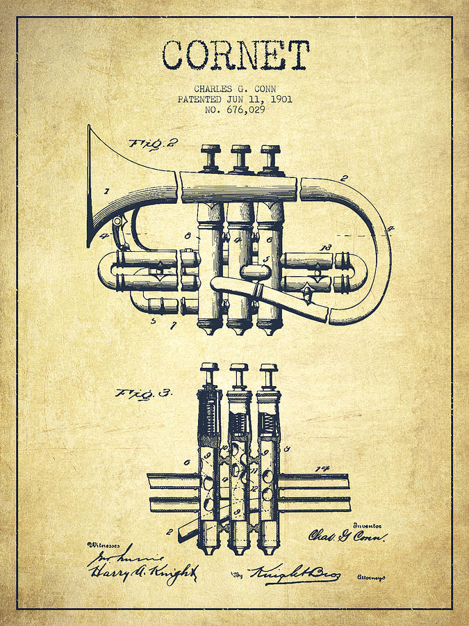 Music Digital Art - Cornet Patent Drawing from 1901 - Vintage by Aged Pixel