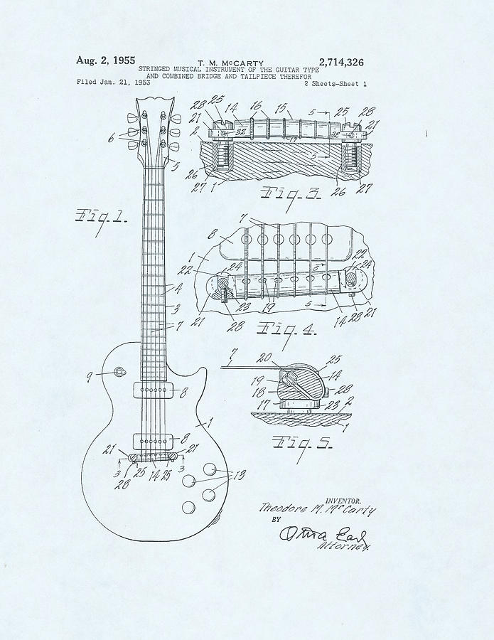 Guitar Patent Drawing on blue background Drawing by Steve Kearns