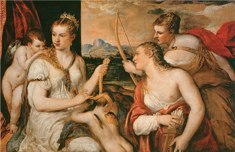 Venus Blindfolding Cupid #1 Painting by Titian