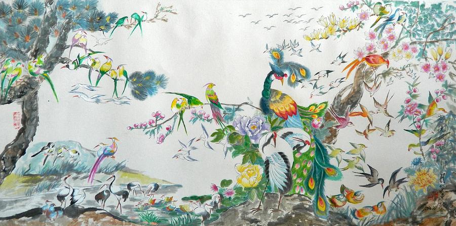 Chinese Brush Painting - 100 Birds by L R B