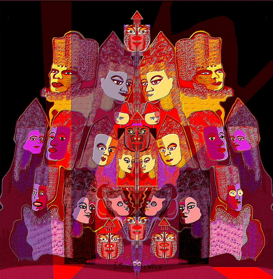  102 Pyramid of masked people      #102 Digital Art by Irmgard Schoendorf Welch