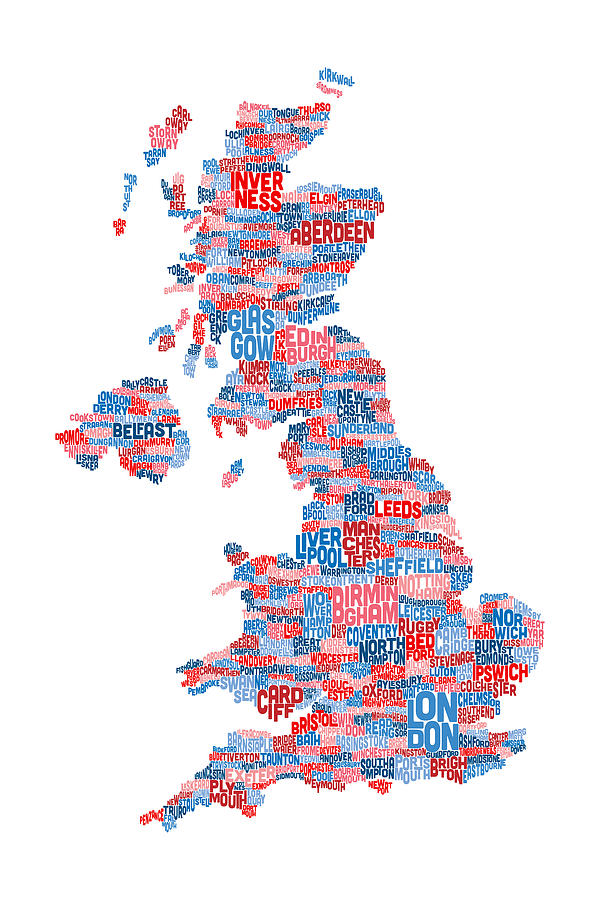 Great Britain UK City Text Map #11 Digital Art by Michael Tompsett