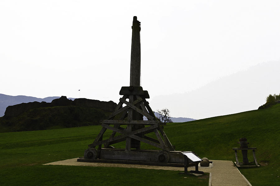 Castle Digital Art - Replica of wooden trebuchet and the ruins of the Urquhart Castle #11 by Ashish Agarwal