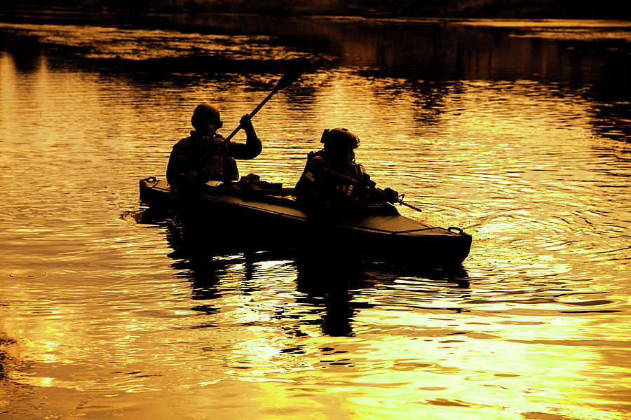 Sunset Photograph - Special Forces Men Paddling Army Kayak #11 by Oleg Zabielin