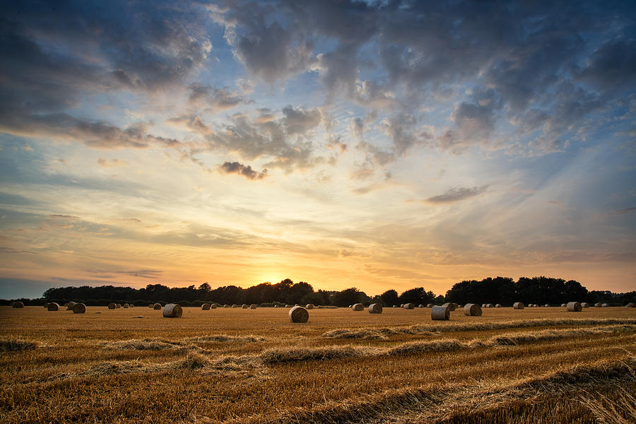 Sunset Photograph - Stunning Summer landscape of hay bales in field at sunset #11 by Matthew Gibson