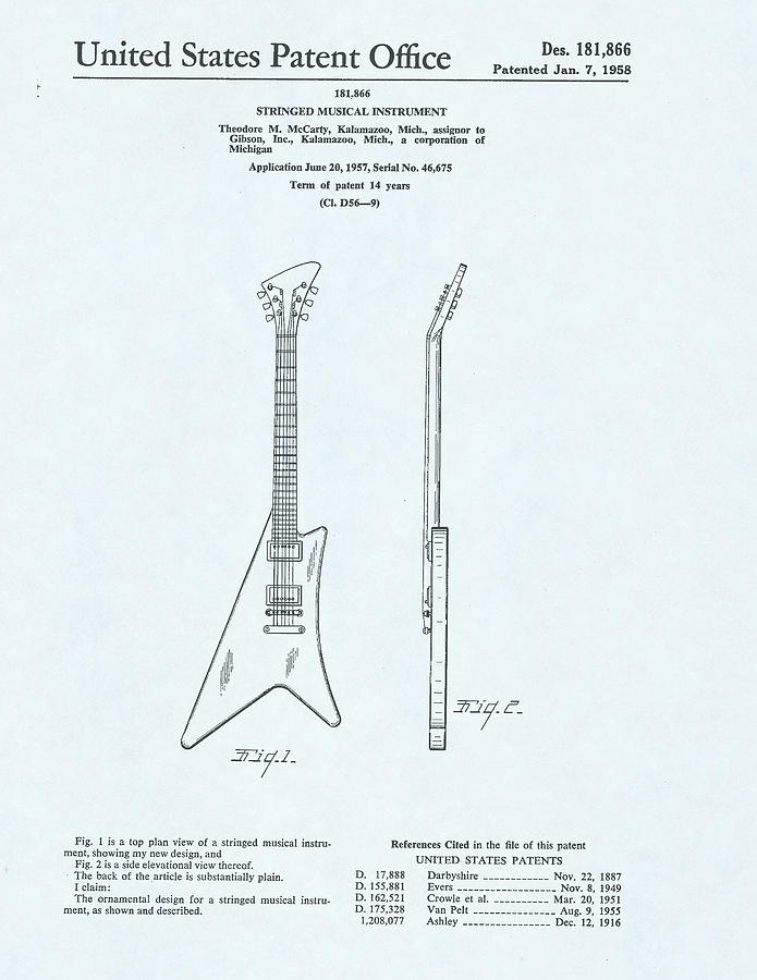 Guitar Patent Drawing on a blue background #23 Drawing by Steve Kearns