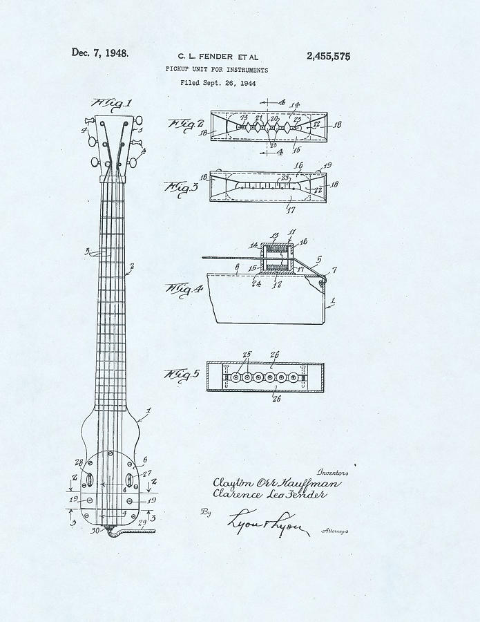 Guitar Pickup Patent Drawing on a blue background #3 Drawing by Steve Kearns