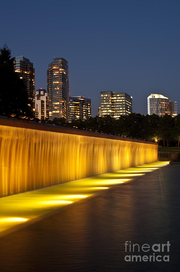 Bellevue skyline from city park with fountain and waterfall at s #12 Photograph by Jim Corwin