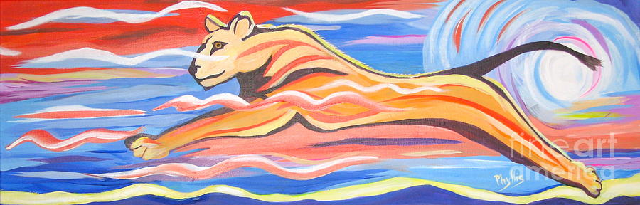 12 by 36 Modern Lioness Running Painting by Phyllis Kaltenbach