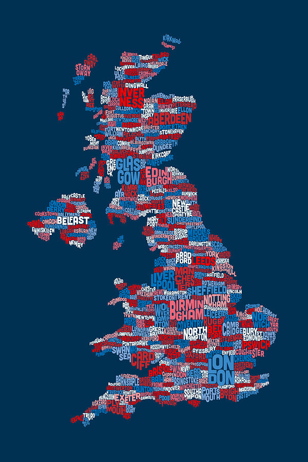 Great Britain UK City Text Map #12 Digital Art by Michael Tompsett