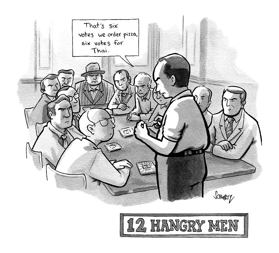 12 Hangry Men - Jury Room Drawing by Benjamin Schwartz