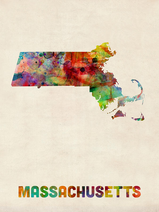 Massachusetts Watercolor Map Digital Art by Michael Tompsett
