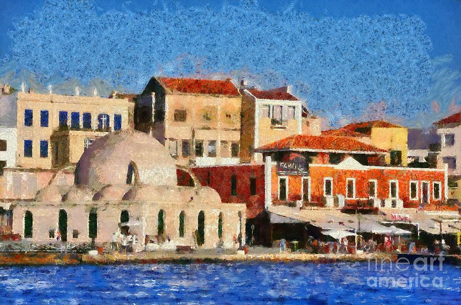 Painting of the old port of Chania #5 Painting by George Atsametakis